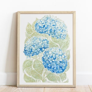 Linocut print Watercolor hydrangea Green and blue 12x16 Flower art Housewarming gift Botanical wall decor Original artwork