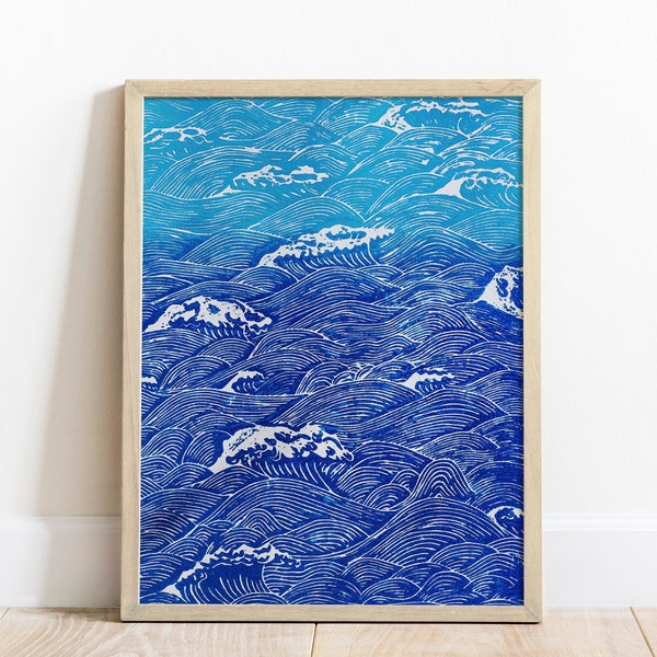 Summer wall art Blue ocean wave Original linocut print artwork Relief printmaking Nautical bedroom Living room decor for New home gift