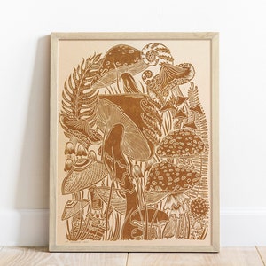 Stampa linoleografica botanica ocra retrò fungo 12x16 Stampa artistica per l'arte murale della cucina della fattoria o regalo per gli amanti della natura SENZA CORNICE
