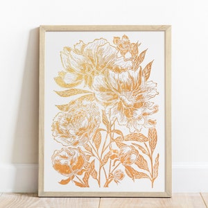 Gold peony flowers wall art Linocut print Housewarming gift Botanical illustration