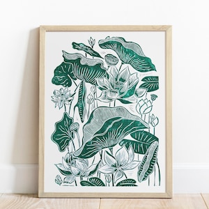 Green lotus flower wall art Linocut print Botanical original artwork Modern kitchen art