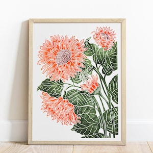 Linocut print Orange and green sunflower 12x16 Original botanical artwork Floral wall art for Nature lover gift