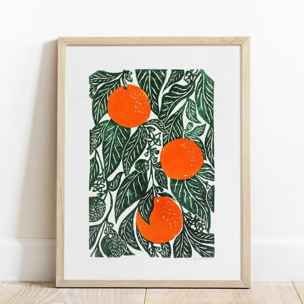 Original linocut print Oranges artwork Botanical kitchen wall decor Linogravure