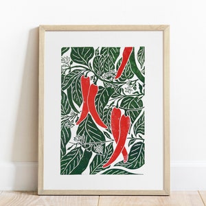 Linocut print Red chili pepper plant art 12x16 Botanical modern kitchen art Original artwork for nature lover gift UNFRAMED