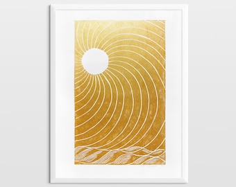 Linocut print Gold japanese sun wall art Original artwork Mid century modern decor