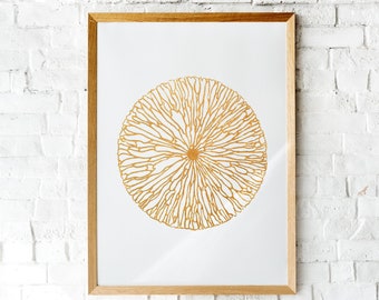 Spring wall art Linocut print Gold abstract flower Original artwork Botanical classical large relief for Bedroom or Living room decor