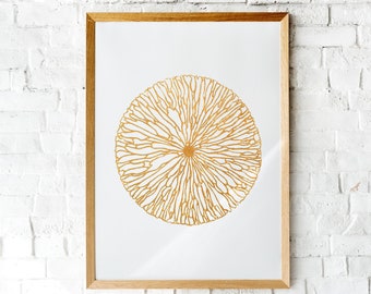 Original linocut print Gold abstract wall art Botanical flower artwork