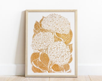 Linocut print Hydrangea print 12x16 Ochre flower art Housewarming gift Botanical wall decor floral hand block print