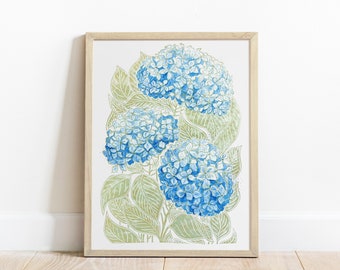 Linocut print Watercolor hydrangea Green and blue 12x16 Flower art Housewarming gift Botanical wall decor Original artwork