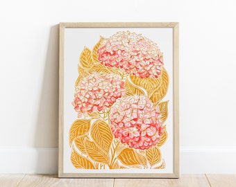 Linocut print Watercolor hydrangea Pink and ochre 12x16 Flower art Housewarming gift Botanical wall decor Original artwork