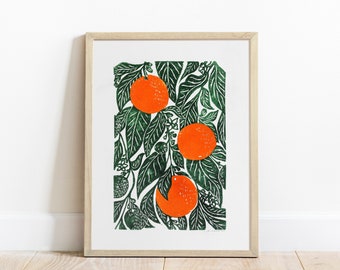 Impression linogravure originale Oeuvre d'art oranges Décoration murale botanique de cuisine Linogravure