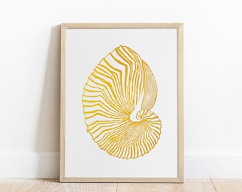Linocut print Gold sea shell art Simple artwork 12x16 Hampton style decor Printmaking art New home gift UNFRAMED
