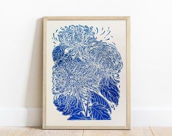 Blue japanese chrysanthemum flower wall art 12x16inch Linocut print Housewarming gift Botanical illustration