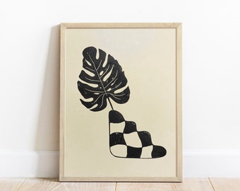 Spring wall art Linocut print Black and beige checkered vase monstera leaf Original minimalist artwork 12x16 for Bedroom Nature lover gift