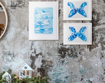 3er Set Monotypie Druck Abstrakter Schmetterling Relief Textur Original Kunstwerk Winter Urlaub Kunst Schlafzimmer Wohnzimmer Weihnachtsdeko