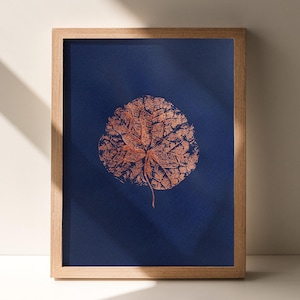 Plant monotype print botanisch brons blad blauw origineel kunstwerk Cottagecore woonkamer muur kunst decor een van een soort attente zus cadeau