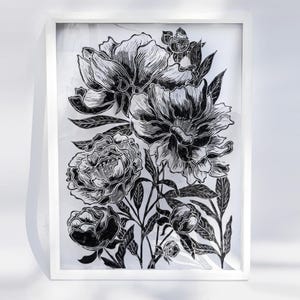 Black Peony Flowers Wall Art Plexiglass Large Linocut Print Floral Relief Original Artwork Reading Nook Fine Decor Housewarming Gift