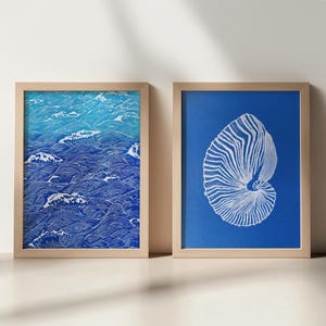 Maritimes Wohnzimmer Kunst Galerie Wand 2er Set Abstrakte Muschel und Japanische Wellen Linoldruck Hampton Summer Schlafzimmer Dekor Original Kunstwerk