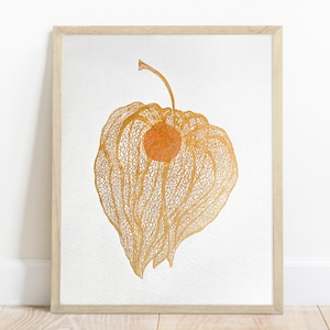 Pianta di Physalis Stampa linoleografica in oro e bianco Opera d'arte originale in rilievo Stampa minimalista Decorazione da parete per camera da letto moderna Regalo di inaugurazione della casa