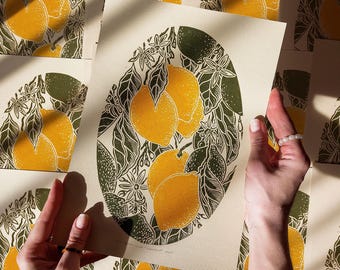 Vintage Lemon Fruits Linocut Print Modern Kitchen Original Artwork Botanical Retro Dining Art Cottagecore Decor Christmas Girlfriend Gift