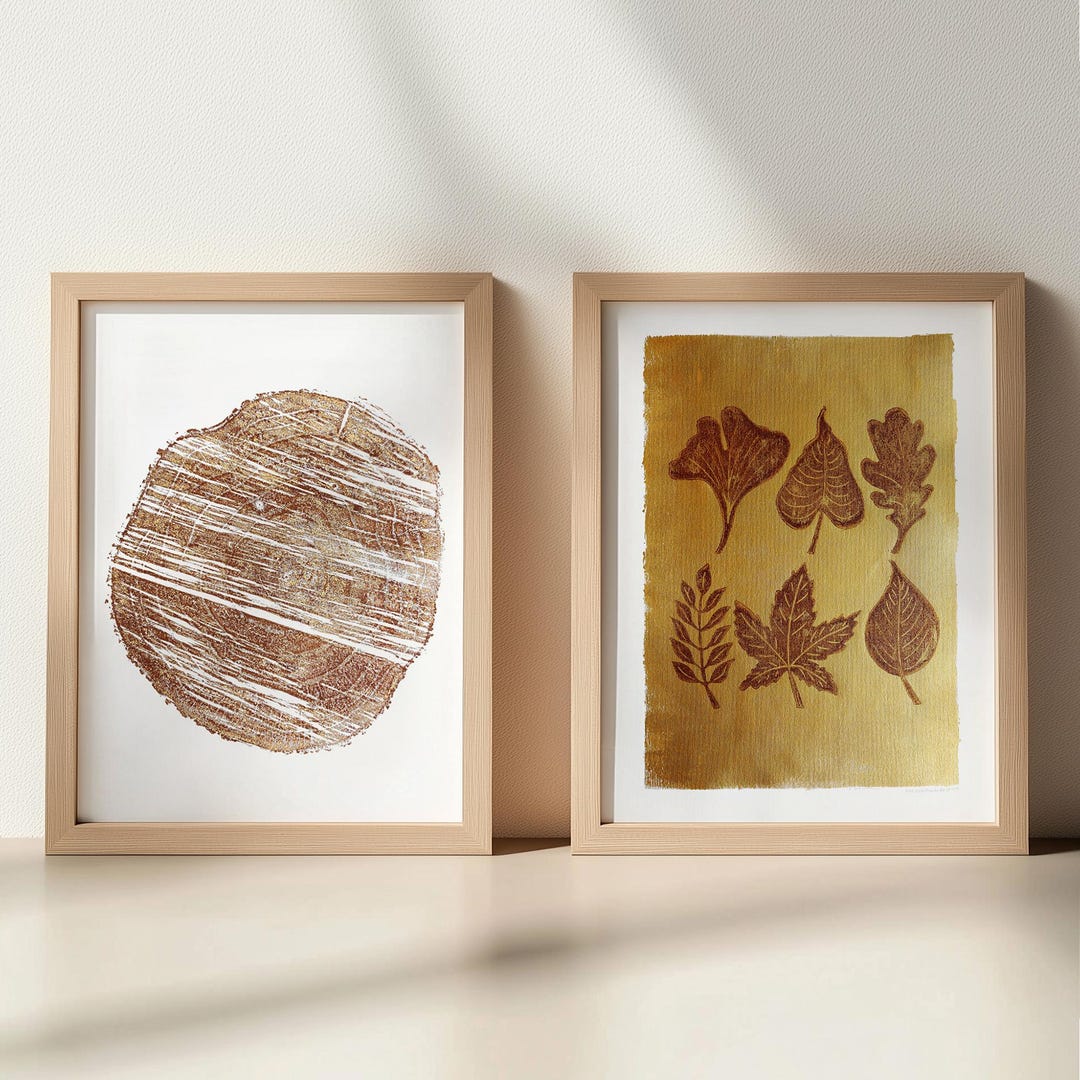 Fall Foliage Kitchen Gallery Wall Set of 2 Tree Ring and Leaves Linocut ...