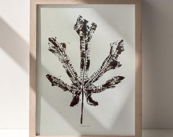 Autumn Minimalist Fig Plant Monotype Print Leaf Relief Handprint Original Artwork Entryway Home Office Decor Wall Art Gift One of a Kind