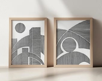 Original Cityscape Line Drawing Gallery Wall Set 2 Geometric Abstract Artwork Minimalist Living Man Cave Nordic Lodge Art Decor Gift Husband