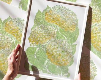 Yellow Watercolor Painting Hydrangea Flower Lime Cream Green Linocut Print Spring European Countryside Wall Art Decor Original Artwork