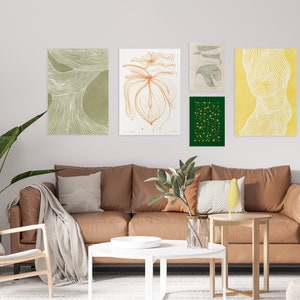 Set of 5 prints Gallery wall Beige and green Abstract line poster Printable wall art Pressed flowers Modern decoration Room decor aesthetic zdjęcie 2