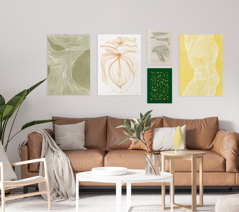 Set of 5 prints Gallery wall Beige and green Abstract line poster Printable wall art Pressed flowers Modern decoration Room decor aesthetic zdjęcie 2