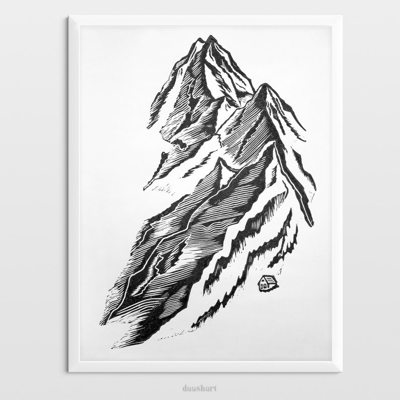 Blue Mountain Wall Art With House Linocut Print Original Etsy