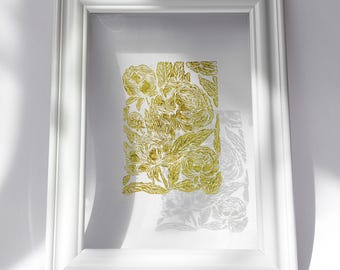 Cottagecore Peony Flowers Linocut Print Plexiglass Relief Sage Green Floral Original Artwork Window Nook Wall Art Decor Self Wife Gift Ideas