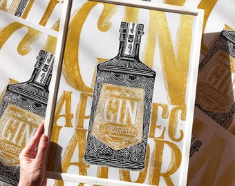 Grabado en linóleo con frase de un amante de la ginebra dorada. Obra de arte original. Arte mural moderno sobre alcohol. Decoración para la cocina, bar o cueva de hombre. Regalo perfecto para él. Date un capricho.