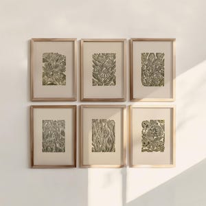 May include: Six framed botanical prints with a neutral color palette. Each print features a unique black and white floral design on a cream background, encased in a light wood frame. The arrangement is displayed on a white wall.