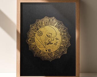 Grabado en linóleo "Sol y Luna Beso" para dormitorio, energía Yin Yang, arte mural celestial original, estética mística de bruja, decoración Dark Academia, regalo para parejas