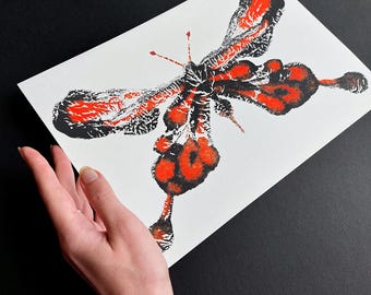 Modern Butterfly Monotype Print One of a Kind Original Artwork Relief Handprint Yoga Space Wall Art Light Academia Home Office Unique Decor