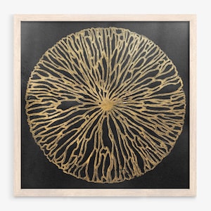 Stampa linoleografica Boho Circle Nero e Oro Fiore Astratto Classico Originale Opera d'arte in rilievo Wabi Sabi Arte fatta a mano Grande decorazione per soggiorno