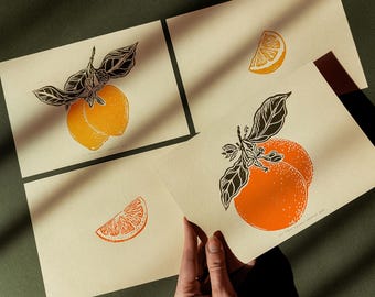 Mini Gallery Wall Set 4 Oranges Lemons Vintage Fruits Linocut Print Citrus Botanical Original Artwork Kitchen Cottagecore Minimal Art Decor