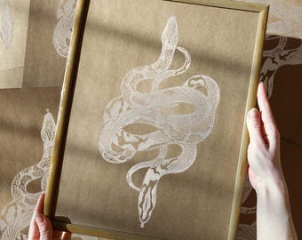 White Bohemian Tattoo Snakes Linocut Print Original Artwork Living Room Bedroom Wall Art Office Boyfriend Gift Man Cave Decor Earth Tones