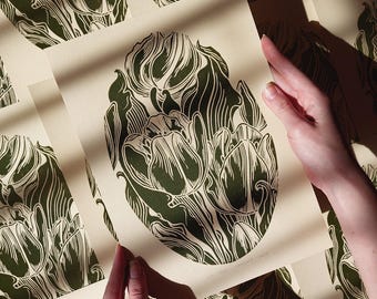 Vintage Tulip Flowers Linocut Print Floral Original Artwork Chateaucore Decor Farm Master Bedroom Botanical Wall Art Mother Valentines Gift