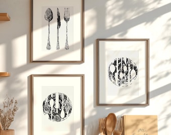 Abstract Spoon Fork Knife Cutlery Rustic Kitchen Art Monotype Relief Print Gallery Wall Set of 3 Hostess Gift Cyber Monday Sale One of Kind