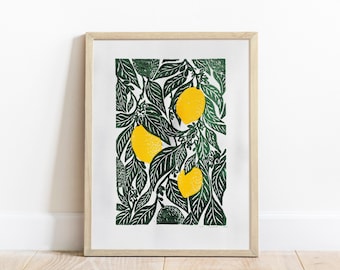 Lemon art Original linocut print Botanical kitchen wall decor Linogravure