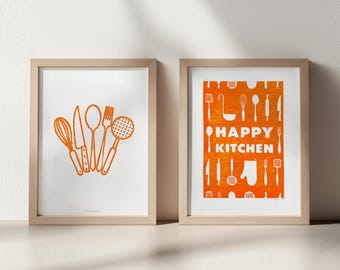Energy Orange Gallery Wall Set 2 Linocut Print Utensils Pattern Happy Kitchen Saying Original Artwork Modern Kitchen Monoprint Art Decor