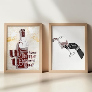 Less Whine More Wine Quote Bottle Linocut Print Gallery Wall Set 2 Woman Hand Glass Home Bar Decor Art Mindful Bachelorette Sommelier Gift