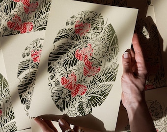 Vintage Strawberries Linocut Print Kitchen Wall Decor Botanical Original Artwork Berries Fruits Dining Room Art Farmhouse Thank You Gift