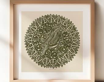 Grabado en linóleo de estilo retro cottagecore con cacatúa, loro art nouveau, pájaro verde salvia, obra de arte original, rincón de lectura infantil, decoración de pared monocromática