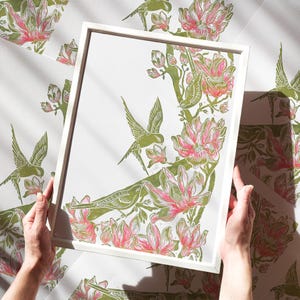 Frühling Linolschnitt Druck Magnolie Blumen Vogel Linoldruck Kunst Einzigartiges Einzigartiges Kunstwerk Einzigartiges Geschenk für ein Neues Zuhause