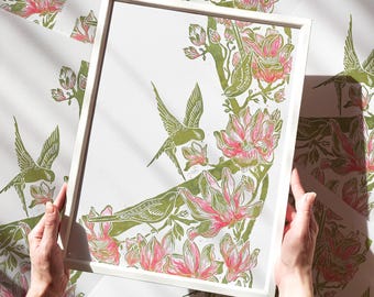 Spring Wall Art Linocut Print Magnolia Flowers Bird Linocut Art One Of A Kind Handmade Artwork Green Pink Unique Botanical Art New Home Gift