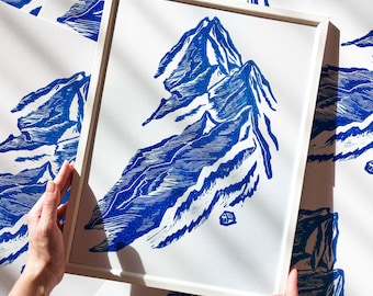 Blue Mountains House Linocut Calm Holiday Print Original Printmaking Artwork Bedroom Wall Art Thanksgiving Christmas Decor Housewarming Gift