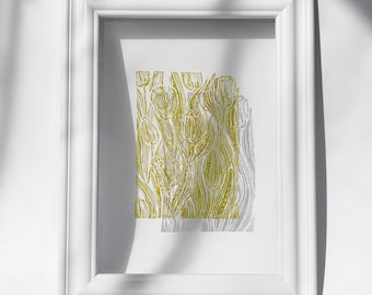 Cottagecore Tulip Flower Linocut Print Plexiglass Relief Sage Green Floral Original Artwork Window Nook Wall Art Decor Grandmother Gift Idea